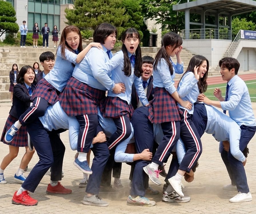 A group of children playing Malttukbakgi, forming a human bridge while others leap onto their backs