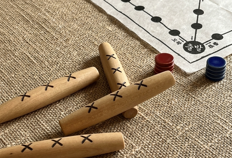 Four wooden yut sticks and a paper yutnori board laid out on the floor