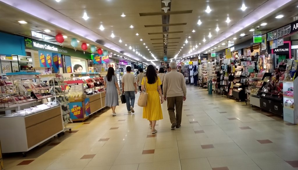 Juan Station Underground Shopping Center: Various stores, including clothing, food, and general merchandise shops, are lined up along the street.