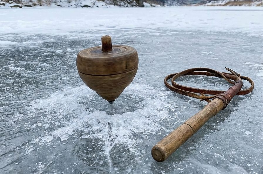 A wooden Korean spinning top and a whip on a patch of ice in winter
