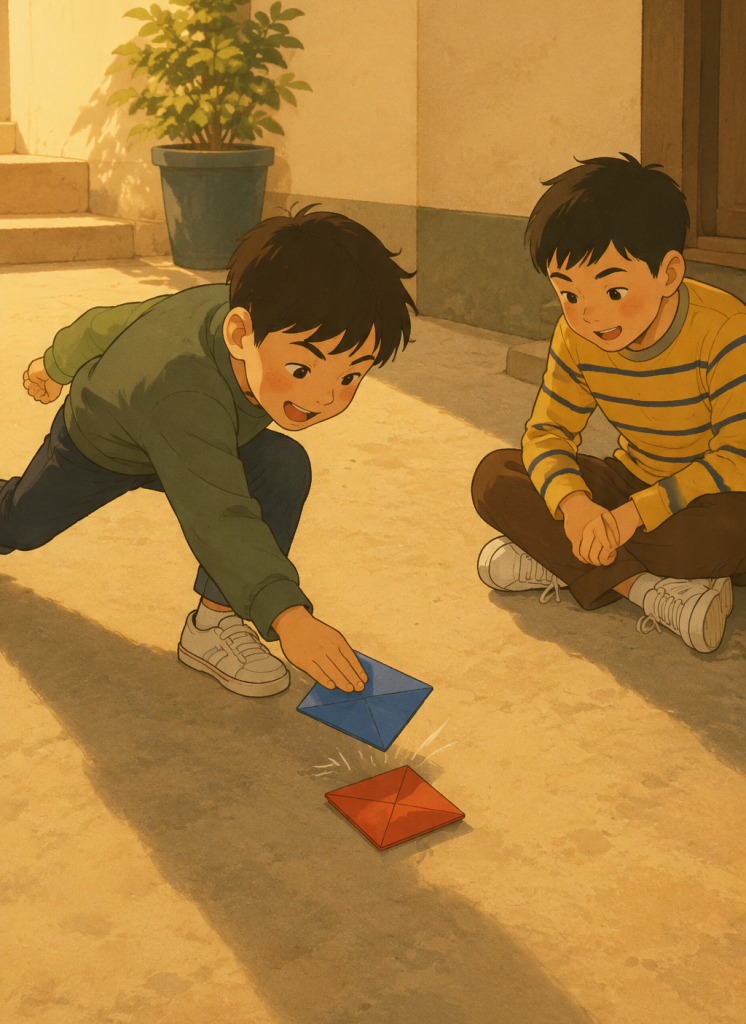 Illustration of two children playing ddakji, a Korean paper-flipping game