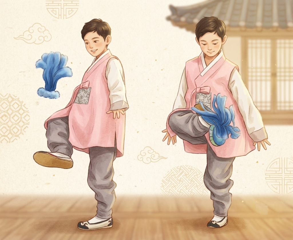 Illustration of a boy playing jegichagi, a traditional Korean kicking game