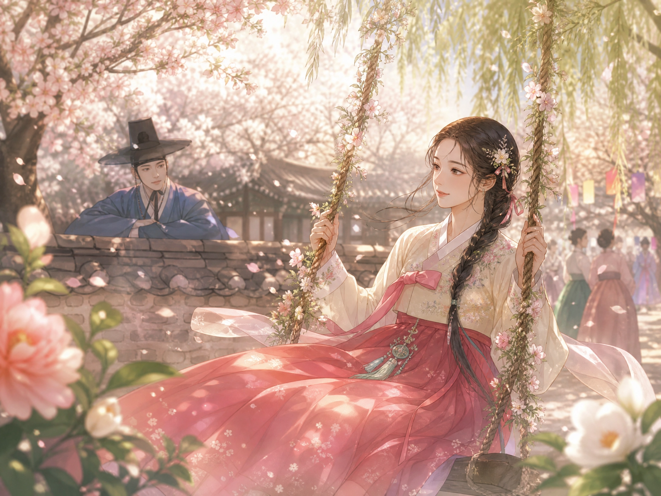 Illustration of Chunhyang on a swing while Yi Mongryong watches, from the classic Korean tale