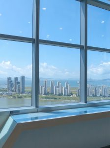 The Yellow Sea and Songdo's high-rise skyline framed by the observatory's floor-to-ceiling windows