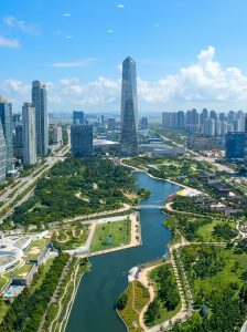 Aerial view of Songdo Central Park and the surrounding skyline seen from G-Tower's observatory