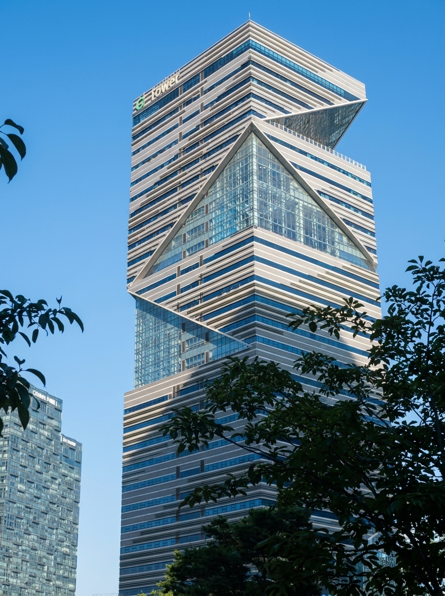 The angular, notched facade of G-Tower rising above trees in Songdo, Incheon