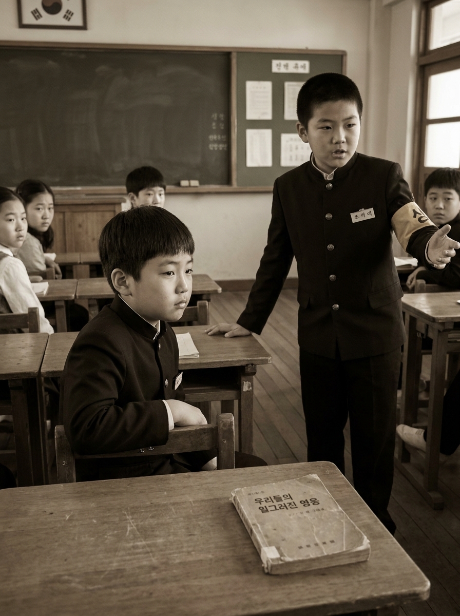 An empty vintage Korean classroom with wooden desks, evoking the setting of Our Twisted Hero