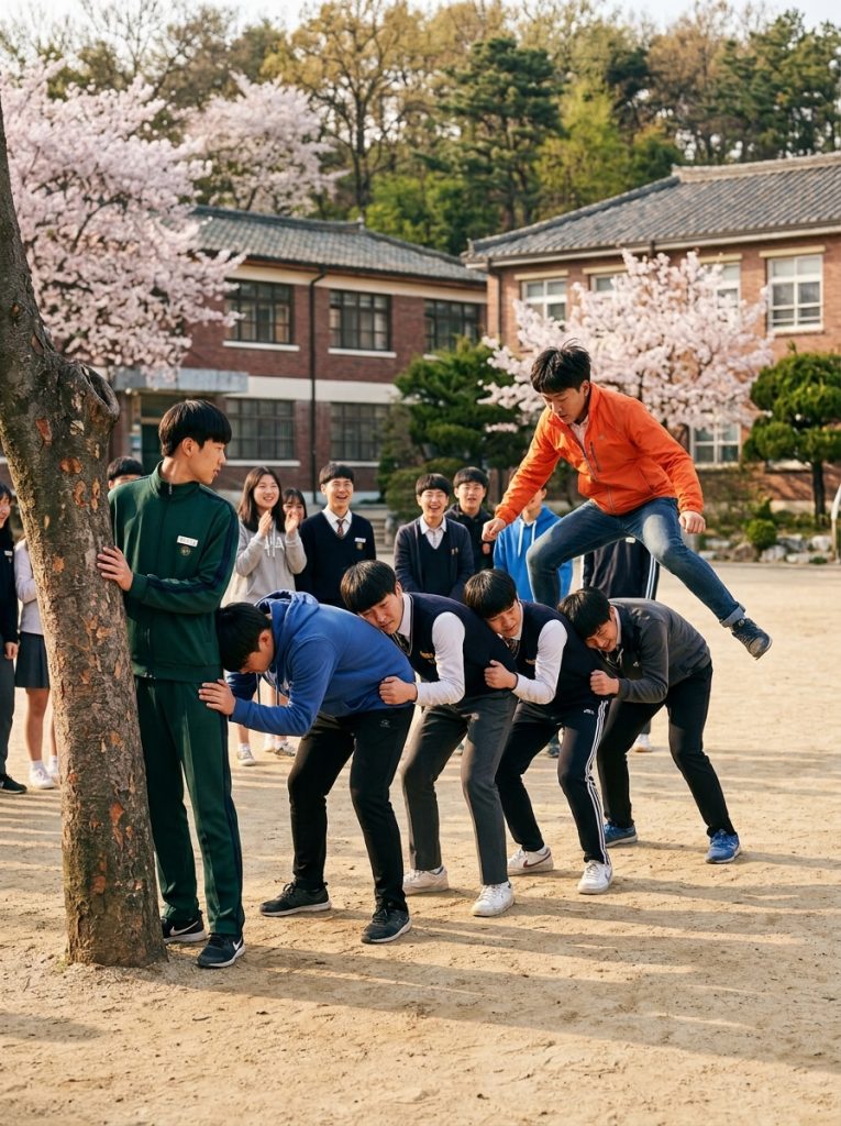A child taking a running leap onto the human bridge in a game of Malttukbakgi