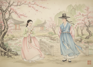 Illustration of Chunhyang and Yi Mongryong meeting in a spring garden