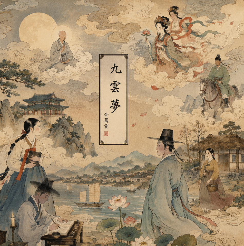 Illustration inspired by The Nine Cloud Dream, a classic Korean Buddhist novel by Kim Man-jung