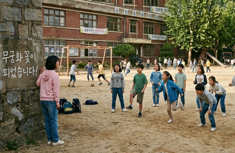 Children frozen mid-step in an open field playing a Korean version of Red Light, Green Light