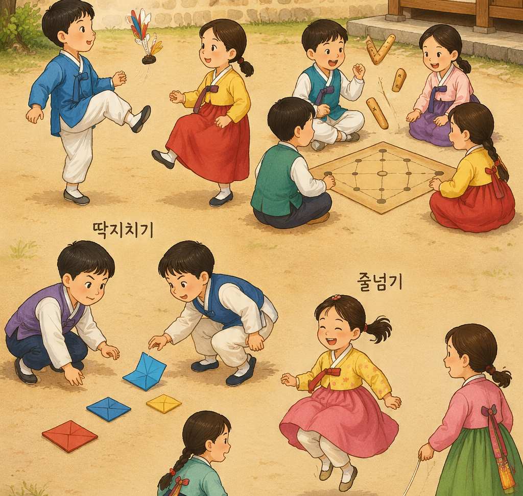 Illustration of children in hanbok playing jegichagi, yutnori, ddakji, and jump rope in a traditional courtyard