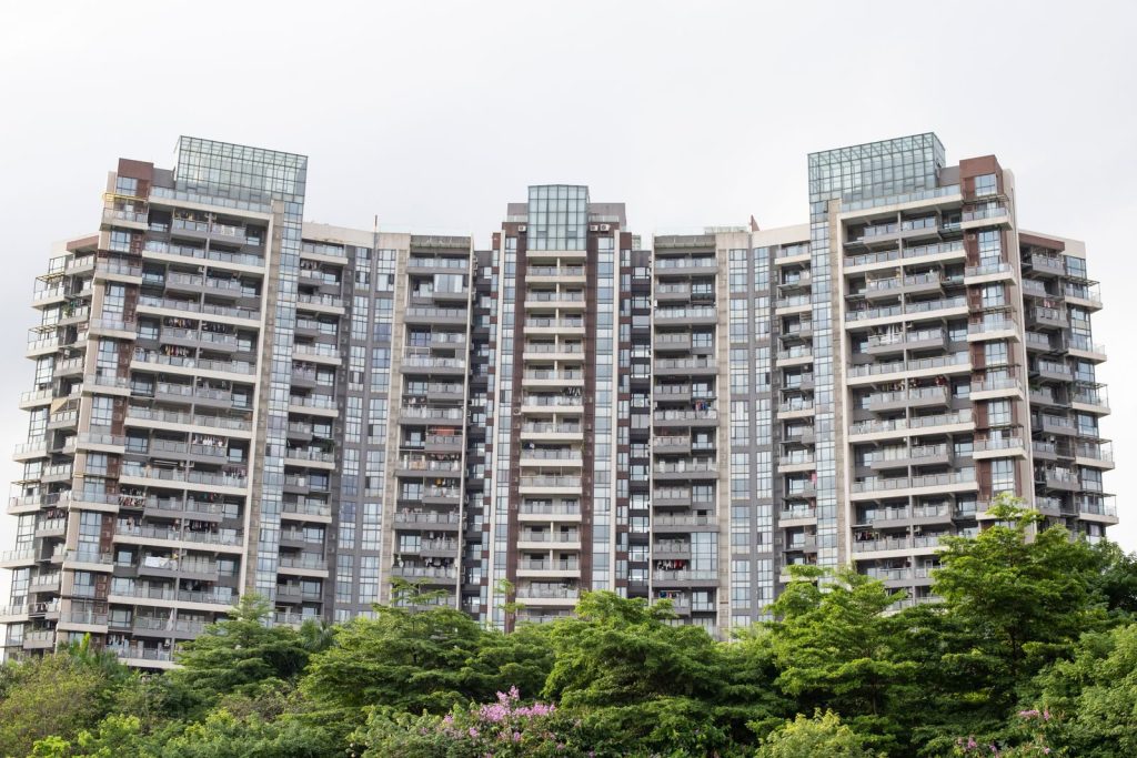Exterior view of a high-rise residential apartment building