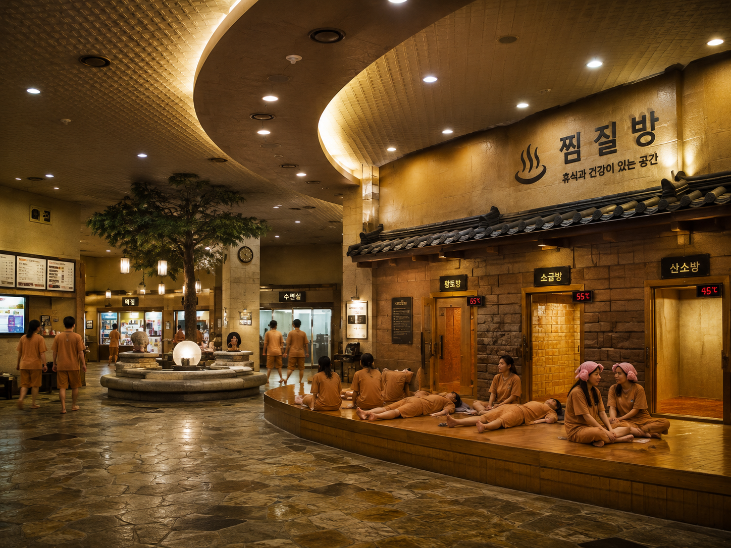 Korean jjimjilbang common area with visitors in matching cotton uniforms resting on a raised wooden platform beside three heated kiln rooms