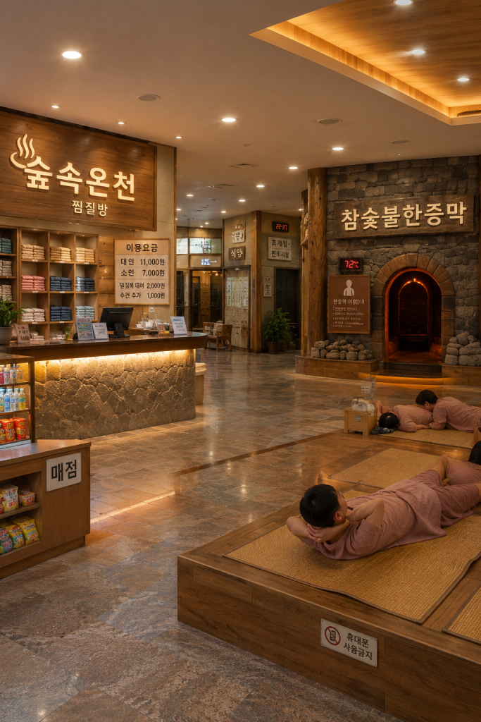 Common floor of a Korean jjimjilbang with straw sleeping mats, a charcoal kiln entrance, and a front counter with a price board