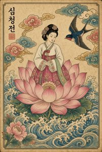 Illustration of a woman in hanbok rising from a lotus flower above ocean waves
