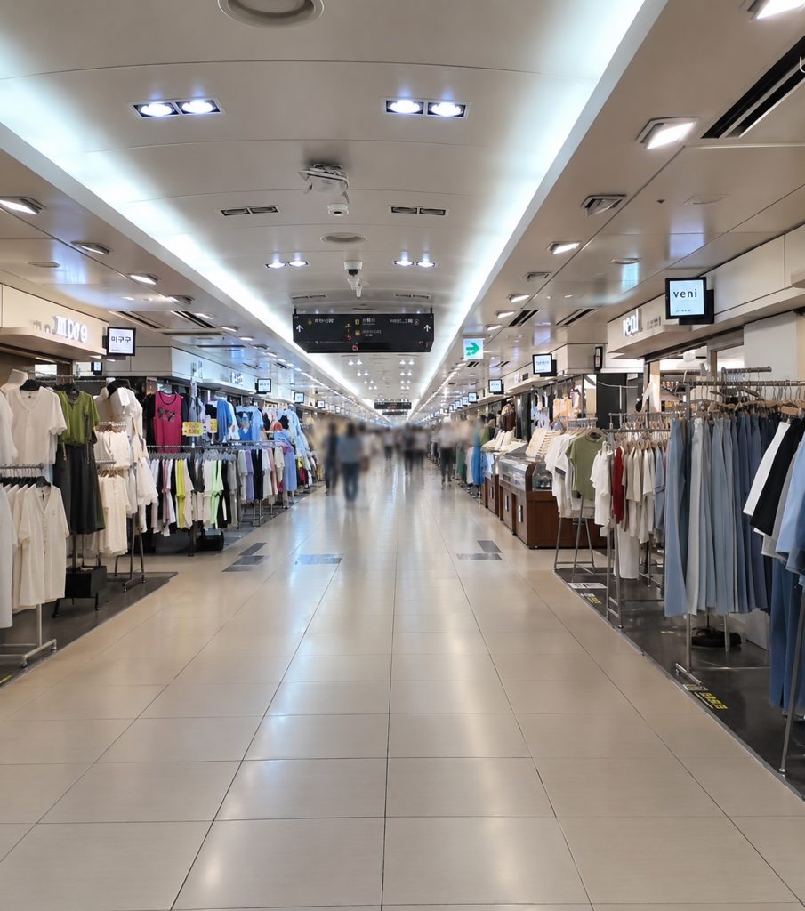 Long underground shopping corridor lined with clothing racks and small storefronts
