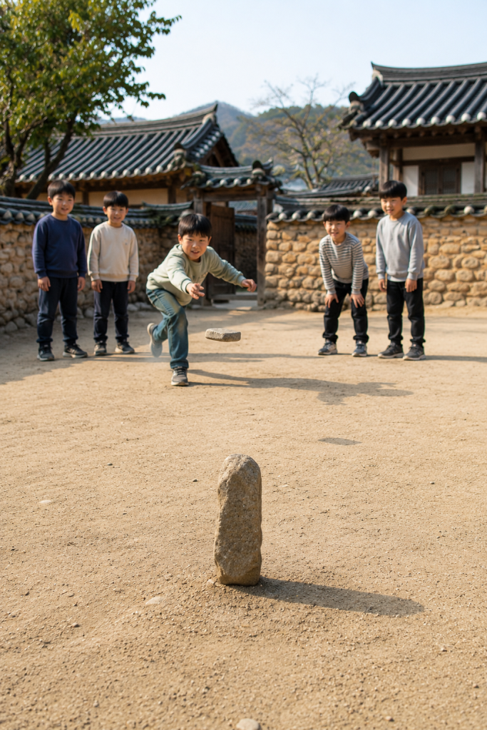 Children playing an outdoor game on packed dirt
