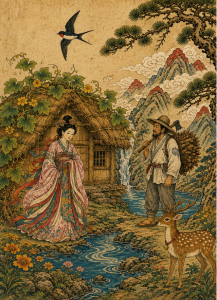 Illustration of a woman in flowing robes facing a woodcutter with a deer beside a mountain stream