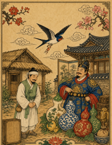 Illustration of two brothers standing beside decorated gourds outside a thatched house and a tiled house