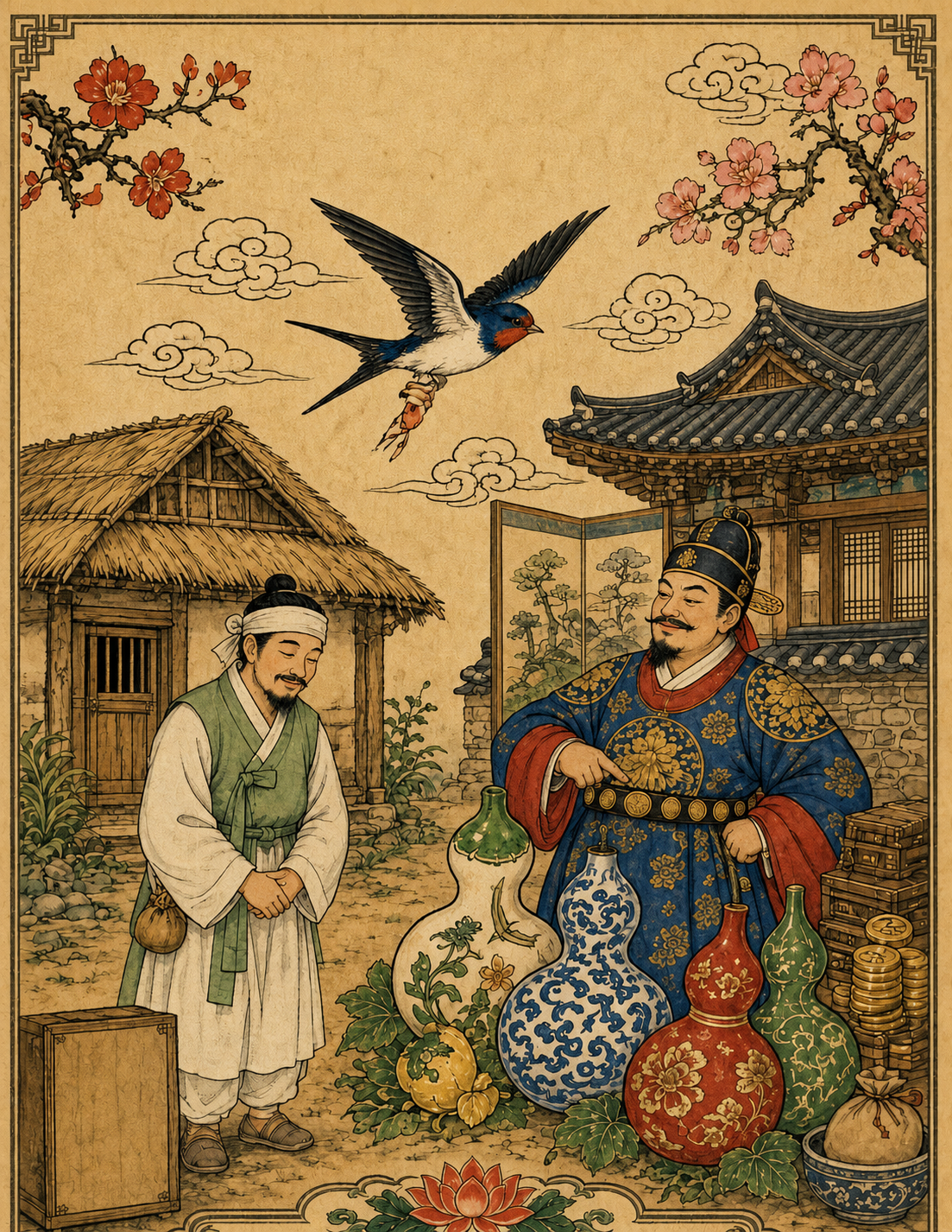 Illustration of two brothers standing beside decorated gourds outside a thatched house and a tiled house