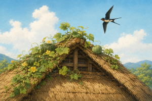Illustration of a swallow flying above gourd vines growing over a thatched roof