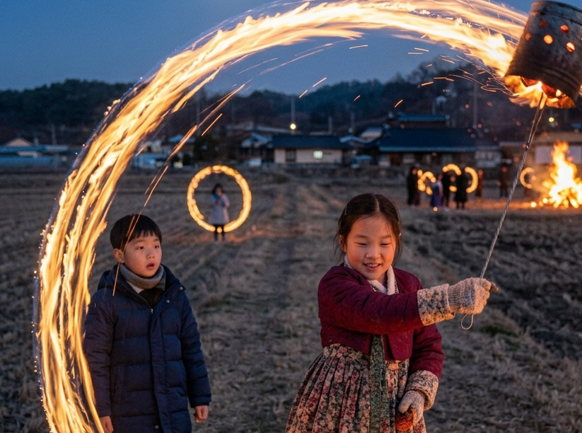 Illustration of children swinging burning cans in a winter field at night