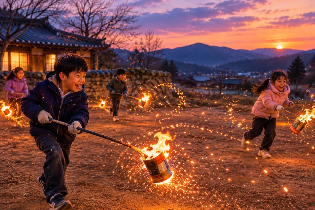 Rings of light from spinning fire cans at a Korean full-moon festival at night of the illustration