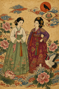 Illustration of two women in hanbok among peonies with a crane beside them