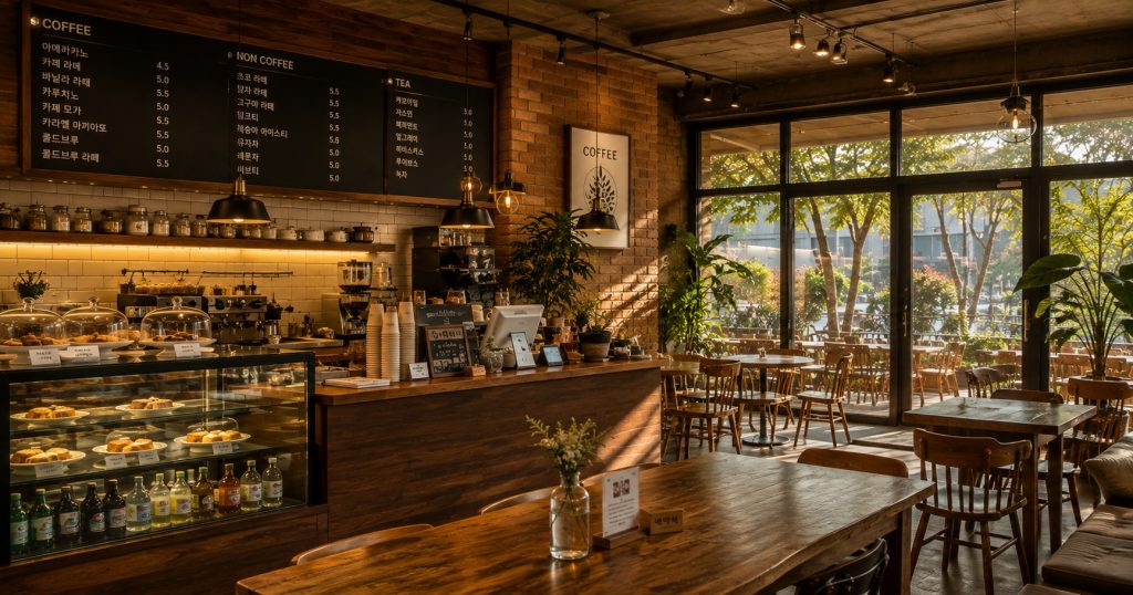Cafe interior with a hand-written menu board, pastry case, and empty wooden tables in afternoon light