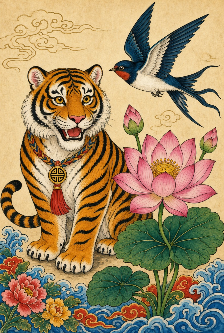 Illustration in Korean folk painting style with a lotus flower, a swallow, and a tiger