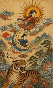 Illustration of a girl on the sun and a boy on the crescent moon above mountains with a tiger below