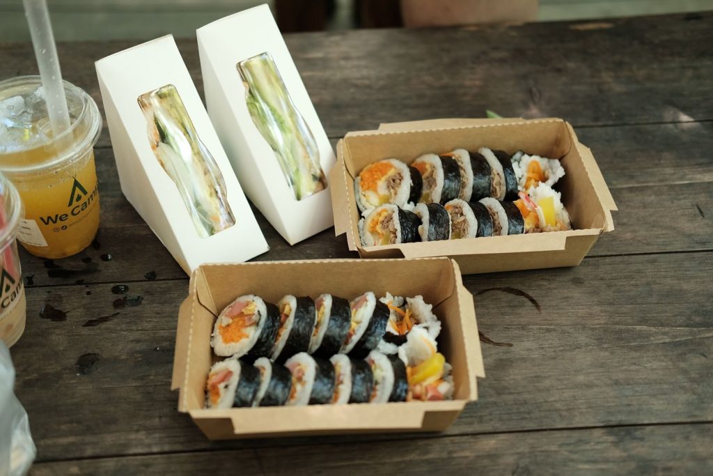 A packed lunchbox of Korean food ready to be taken out