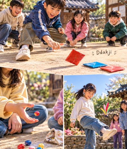 Games commonly played by Korean children, such as *ttakji-chigi* (paper tile flipping), *gonggi-nori* (jackstones), and *jegi-chagi* (shuttlecock kicking).