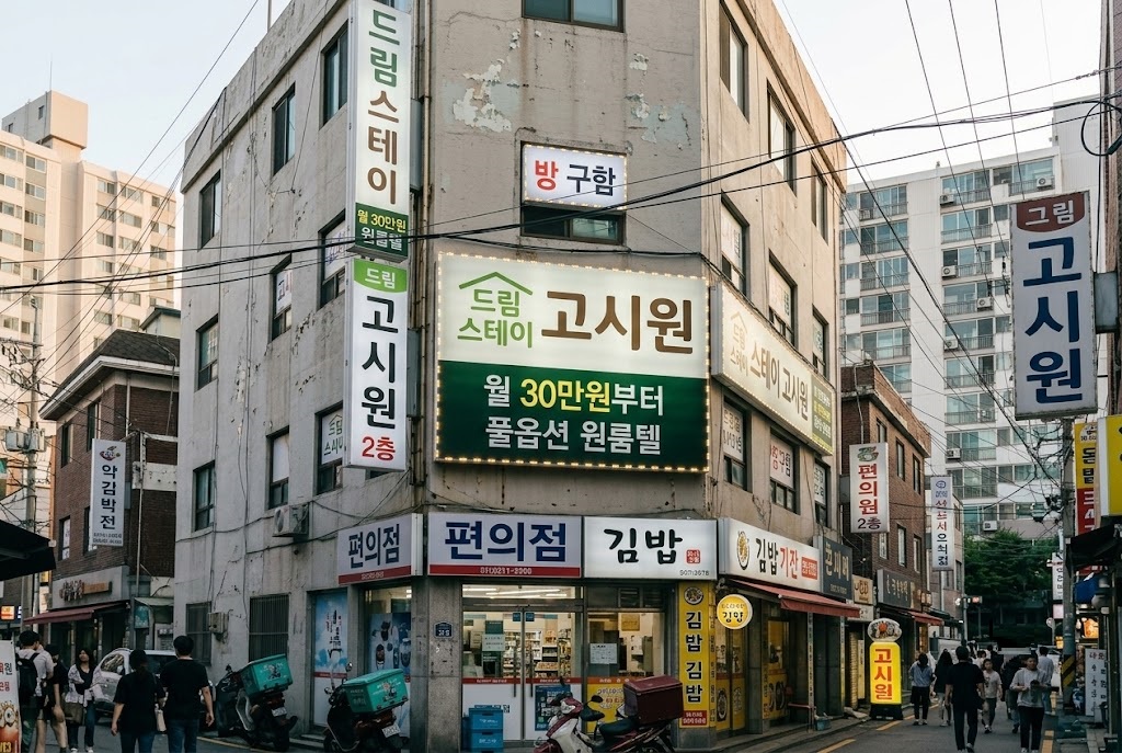 A street sign for a fictional Korean gosiwon (exam prep housing).