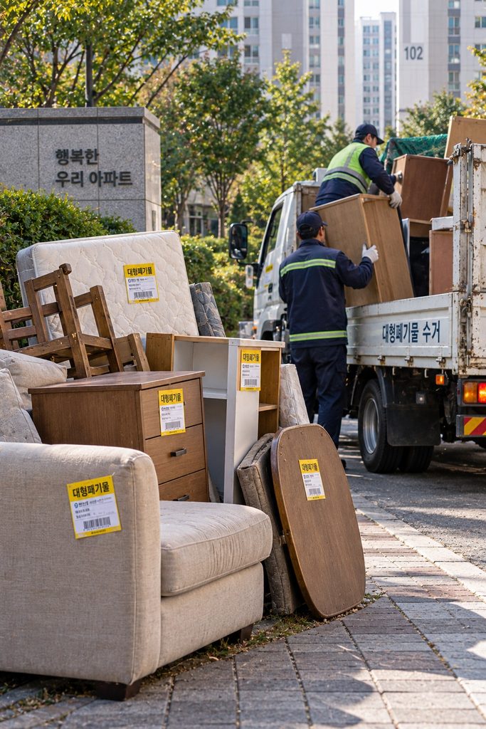 A fictional Korean waste disposal sticker and the small truck that collects the item are visible.