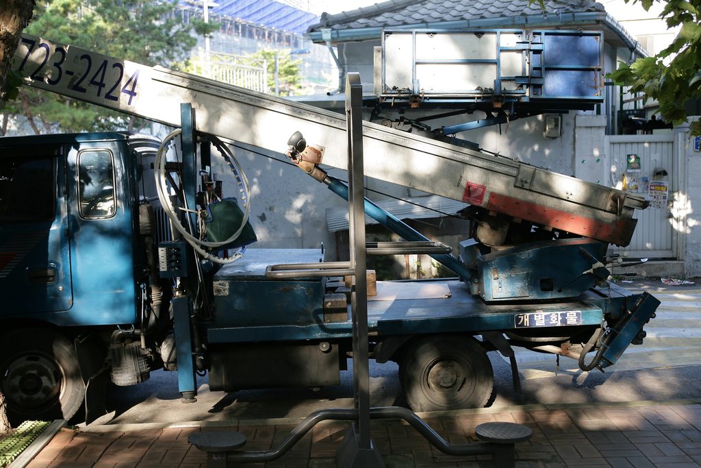 A folded ladder truck in Korea.
