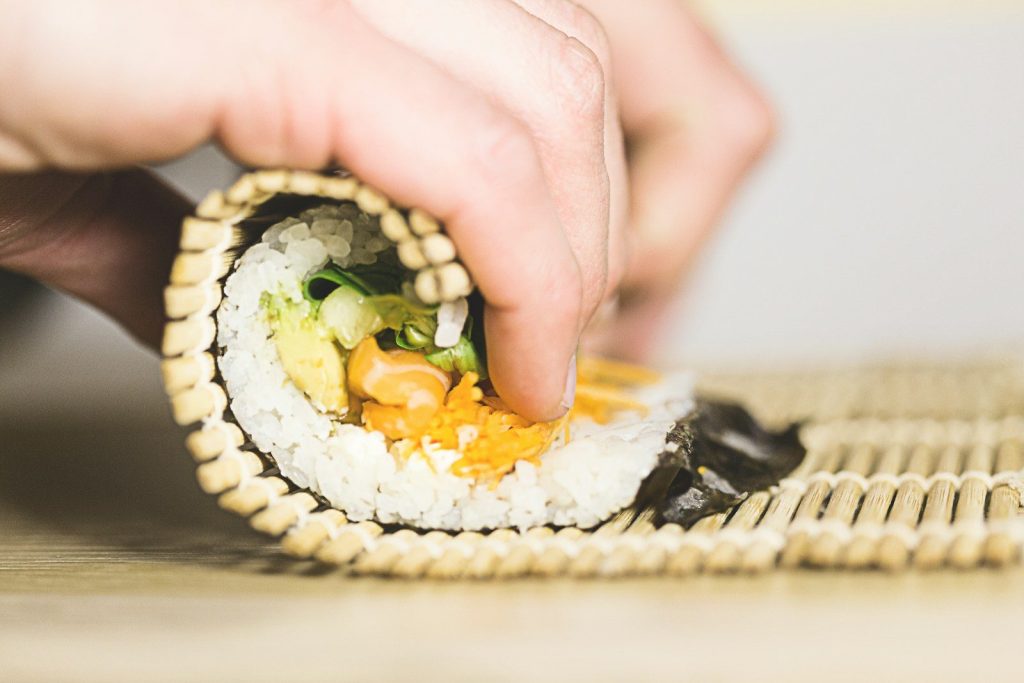 Sliced kimbap rolls arranged on a plate