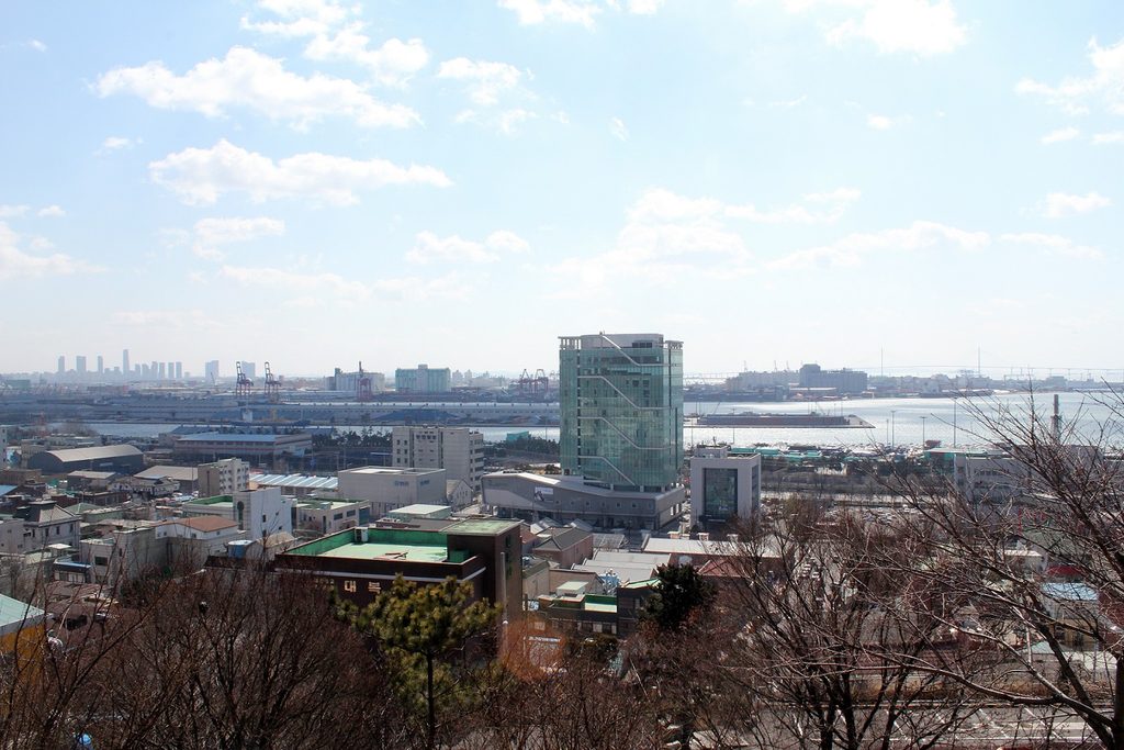 View over Incheon's harbor and the sea from the top of Jayu Park
