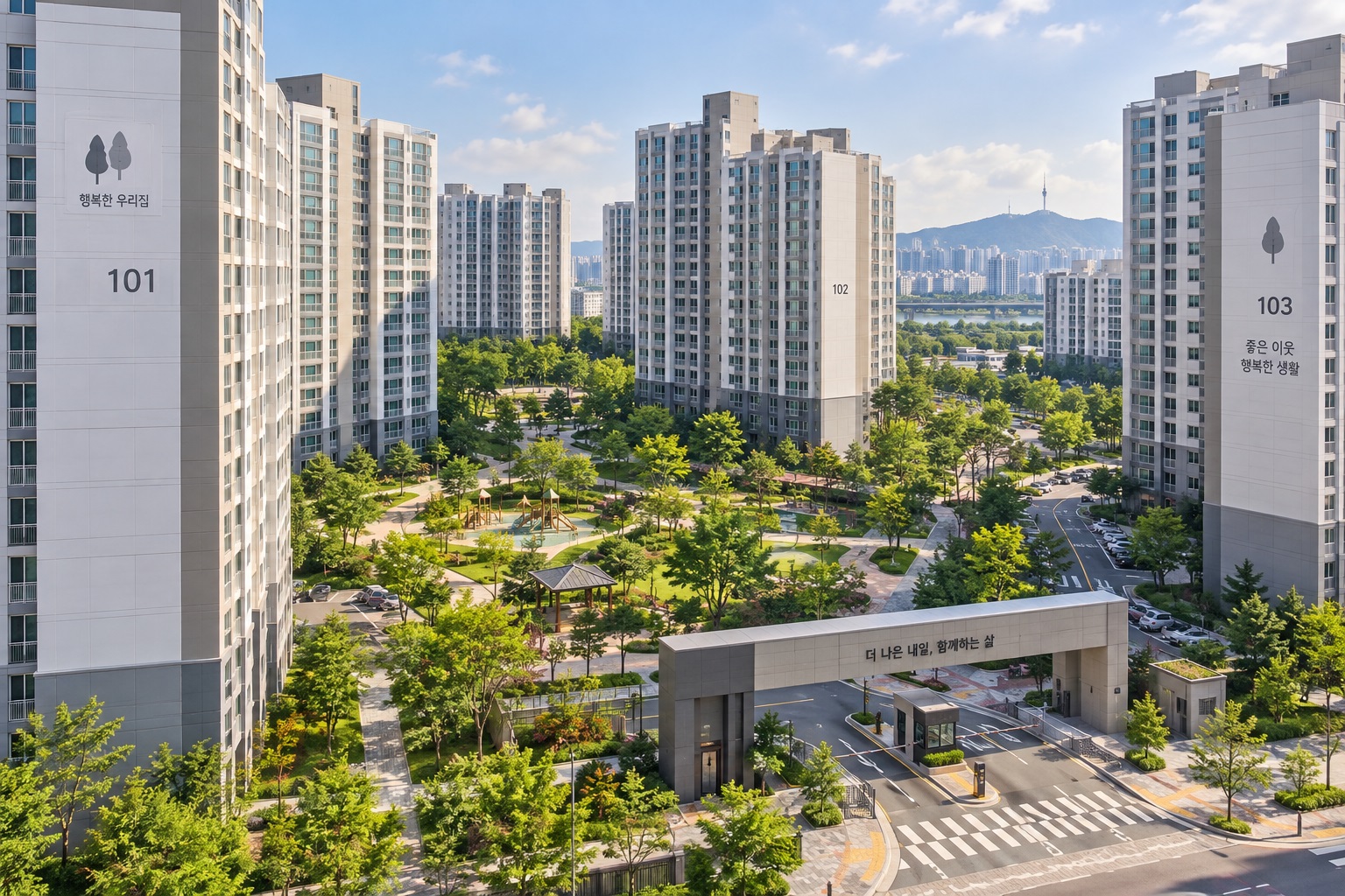 Numbered residential towers in a large Korean apartment complex