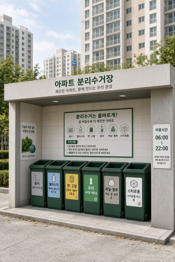 Row of labelled recycling bins at a Korean apartment complex collection area