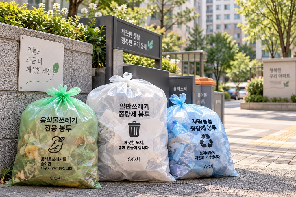 Official volume-based Korean waste bags stacked at a convenience store counter