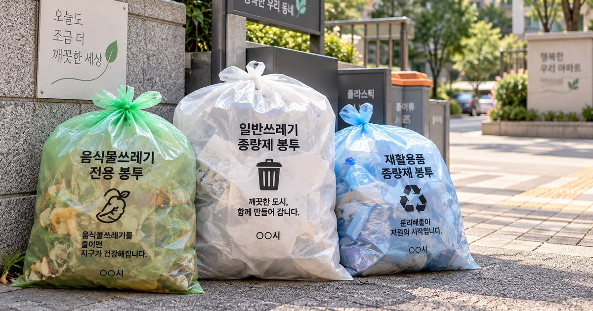 Official volume-based Korean waste bags stacked at a convenience store counter