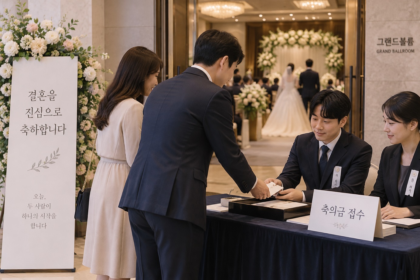 A white envelope for Korean wedding congratulatory money with traditional wording