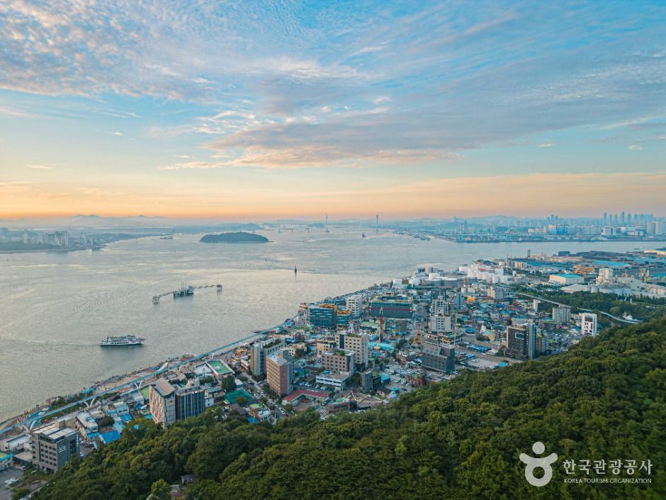Forested hill above the Wolmido waterfront with the sea and city beyond at sunset