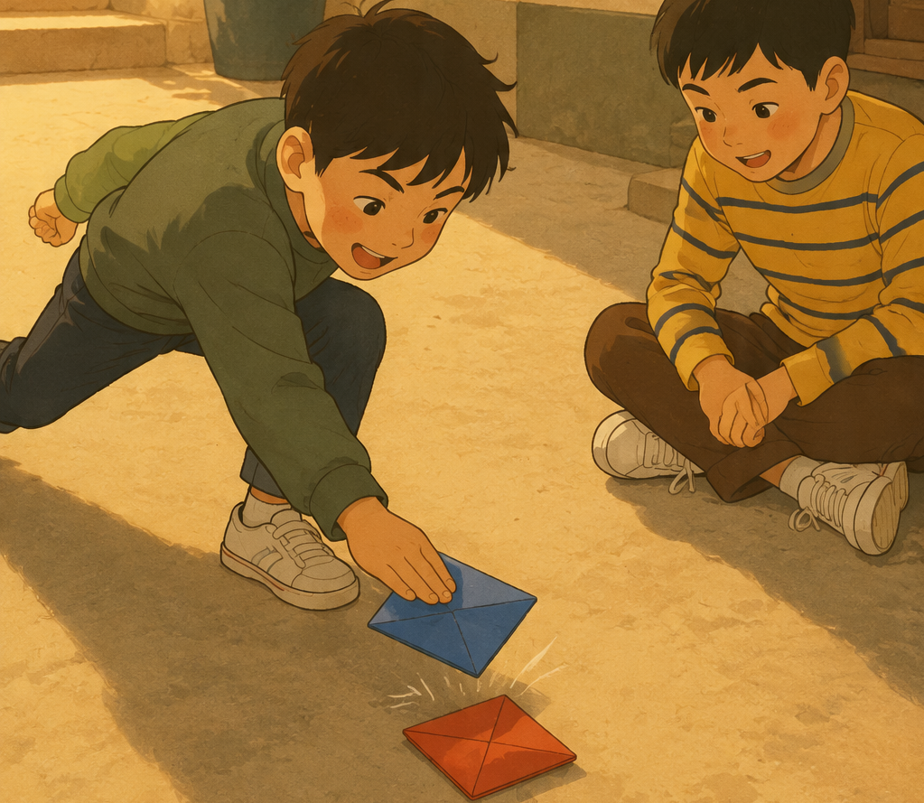 Illustration of two children playing ddakji, a Korean paper-flipping game