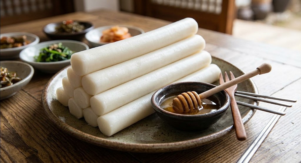 Long white Korean rice cakes called garaetteok on a plate with a small bowl of honey