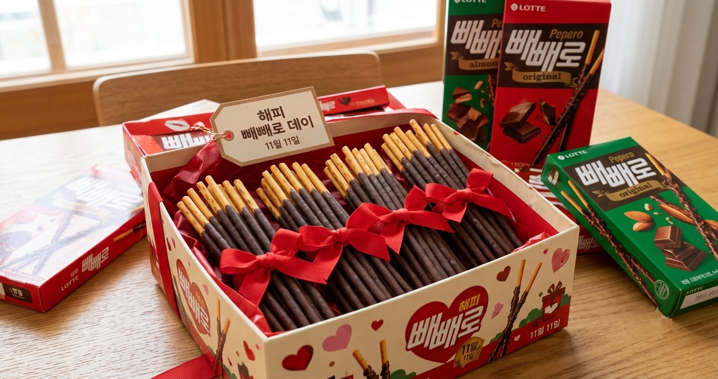 Chocolate-dipped biscuit sticks tied with a red ribbon in an open gift box for Pepero Day in Korea
