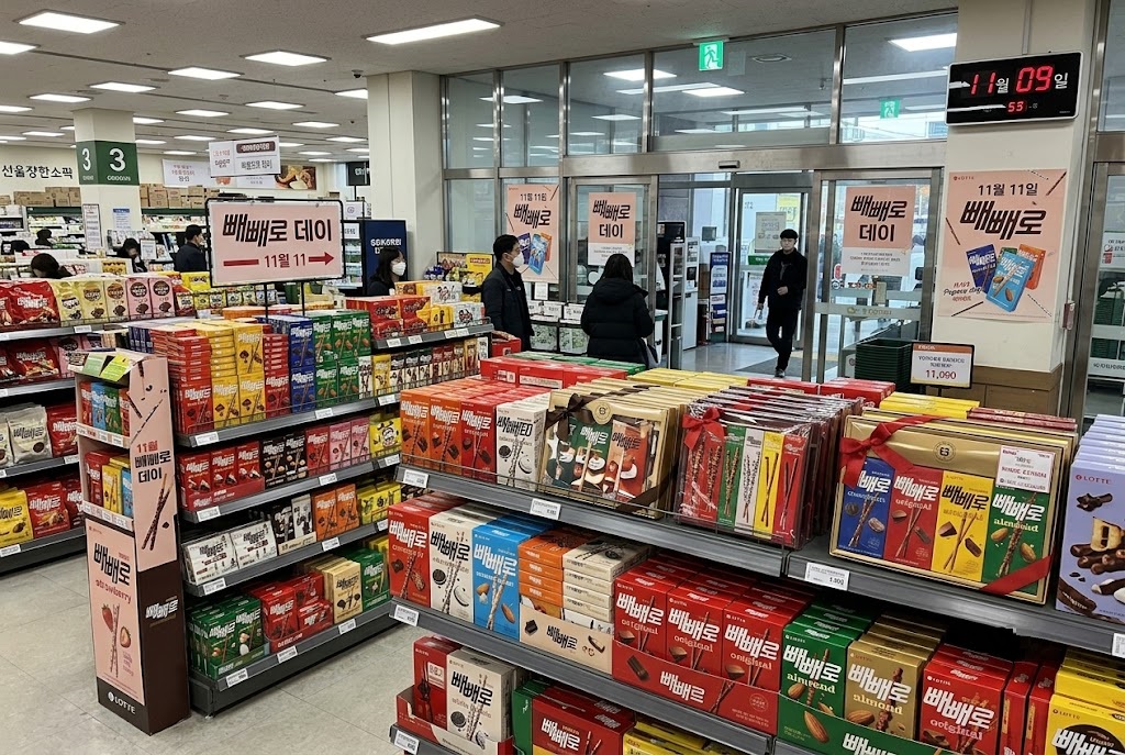 Shelves stacked with colorful snack gift boxes at a store entrance before November 11 in Korea