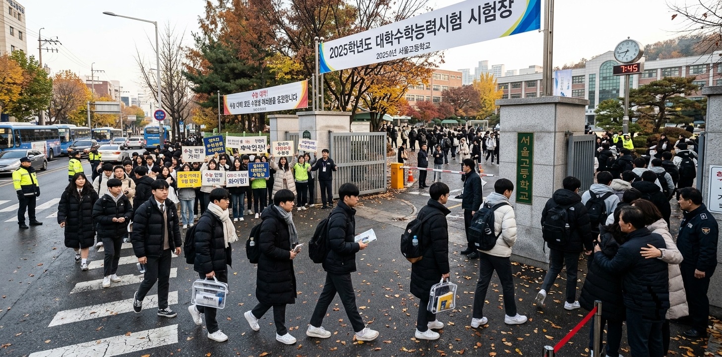 High school students in winter coats walking into a school gate on a cold early morning while younger students cheer